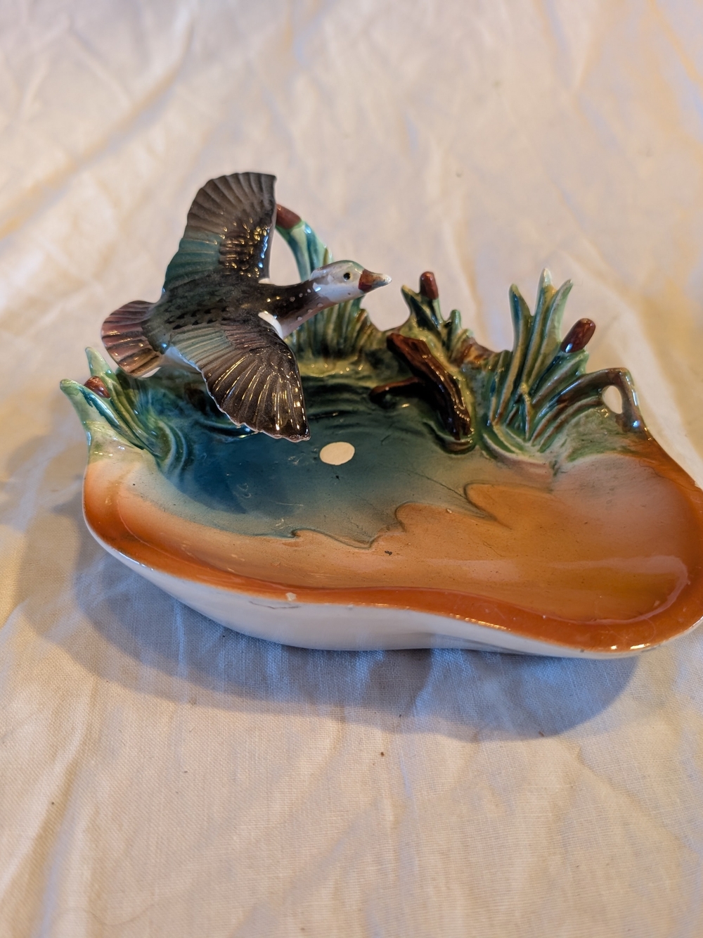 2/30$ Vintage Ceramic Duck Pond Trinket Dish - Blue, Green, Brown